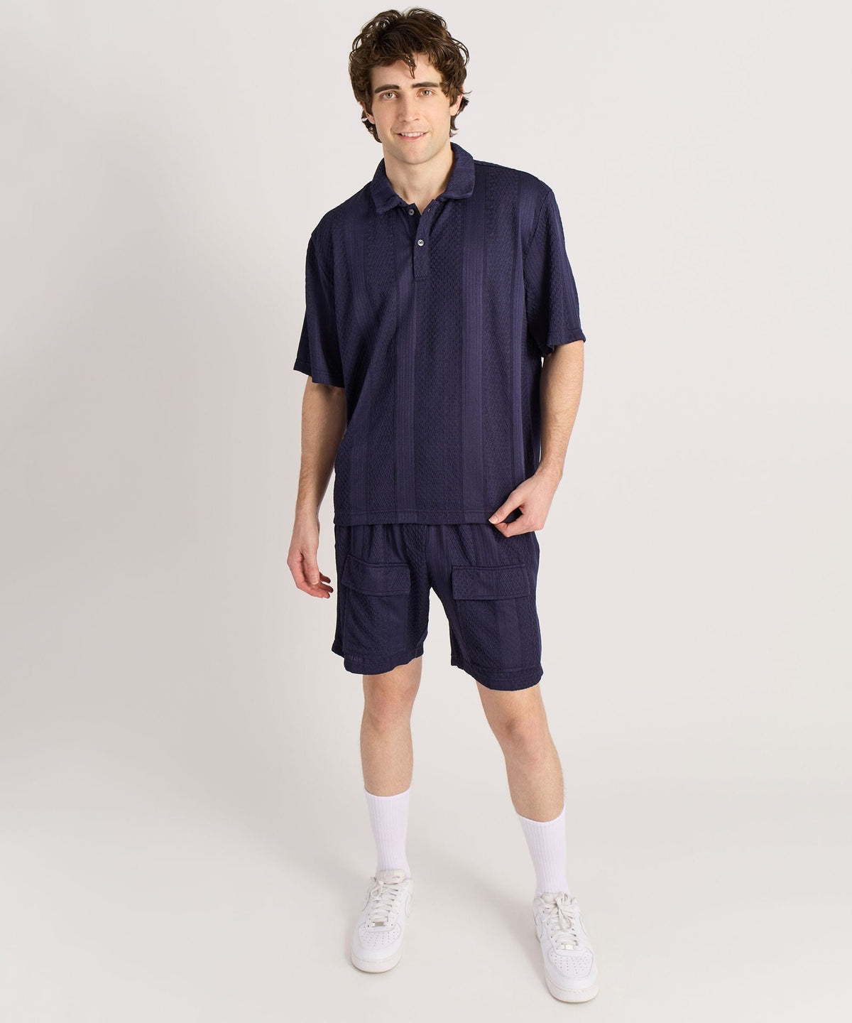 Reason Clothing Best Seller Vertical Jacquard Knit Short Sleeve Polo Shirt - Navy