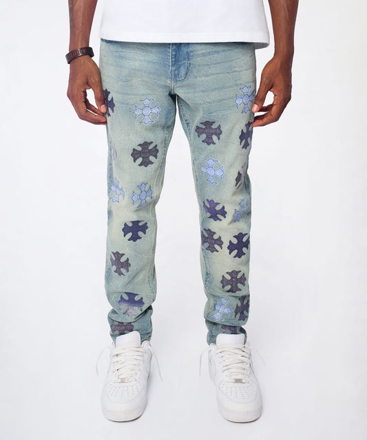 Reason Clothing Popular Gothic Cross Denim Pants - Light Blue