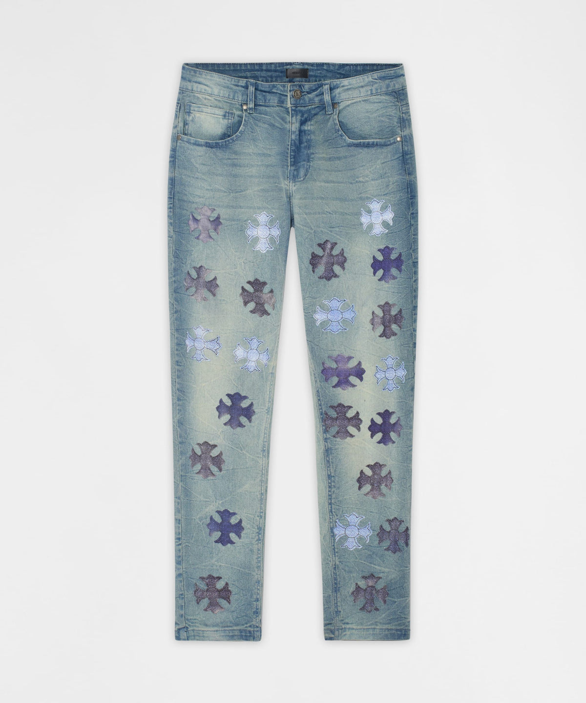 Reason Clothing Popular Gothic Cross Denim Pants - Light Blue
