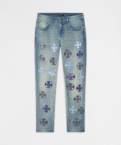 Reason Clothing Popular Gothic Cross Denim Pants - Light Blue
