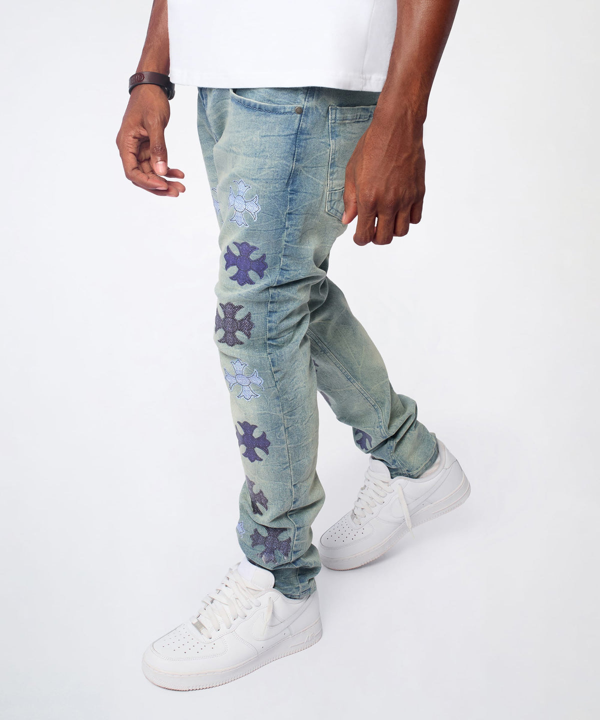 Reason Clothing Popular Gothic Cross Denim Pants - Light Blue