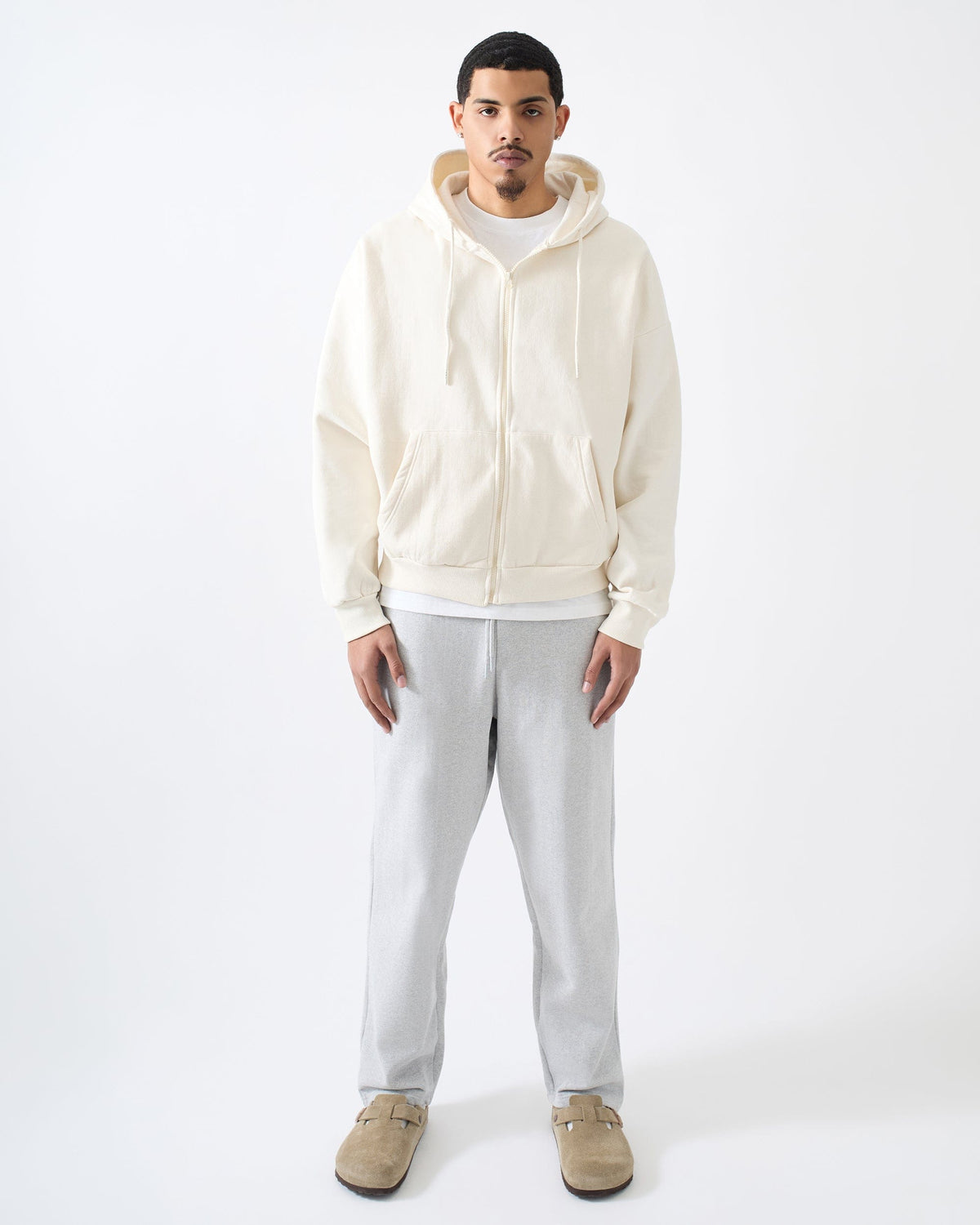Reason Clothing Value Essential Boxy Fit Zip Up Hoodie - Cream