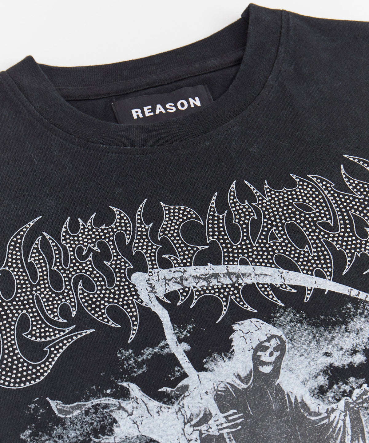 Reason Clothing Quality Grim Reaper Washed Rhinestones Short Sleeve Tee - Black