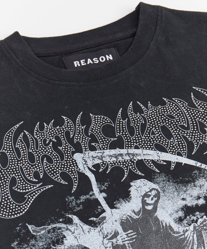 Reason Clothing Quality Grim Reaper Washed Rhinestones Short Sleeve Tee - Black