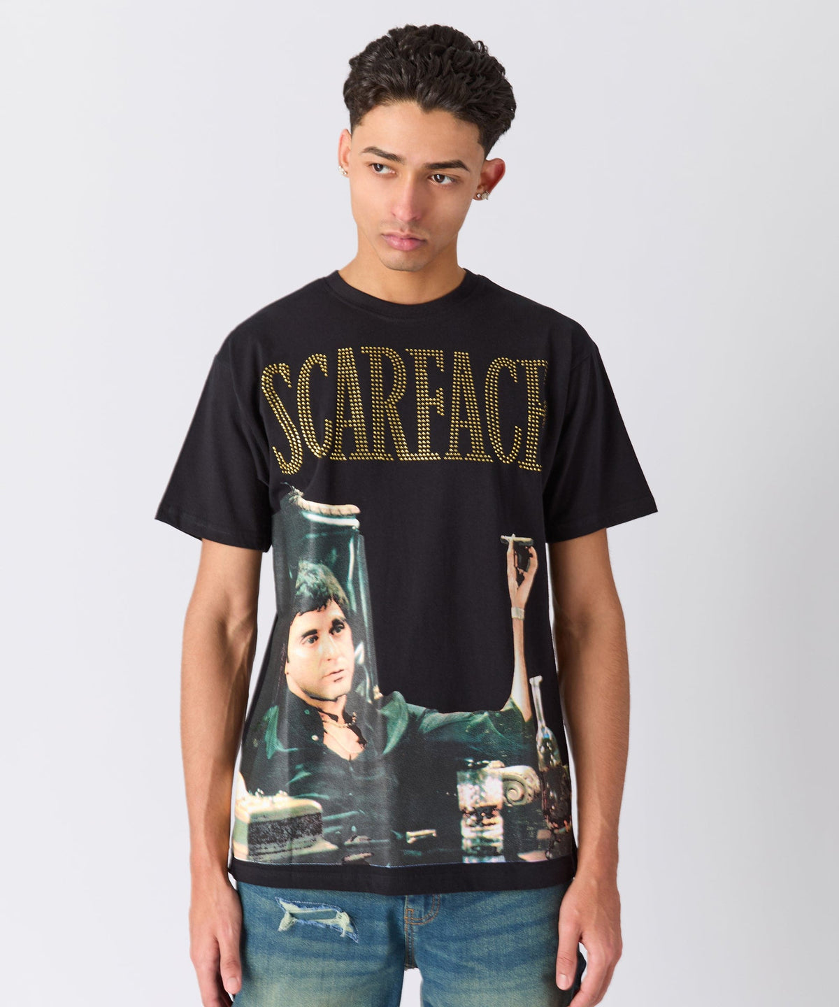 Reason Clothing Hot Sale Scarface Rhinestones Short Sleeve Tee - Black
