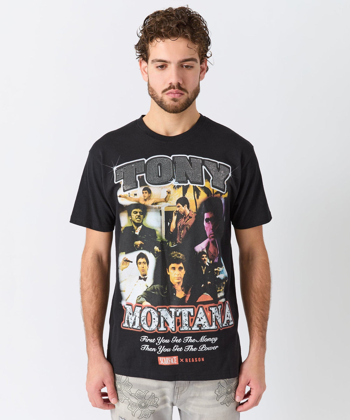 Reason Clothing Latest Scarface "Tony Montana" Rhinestone Tee - Black