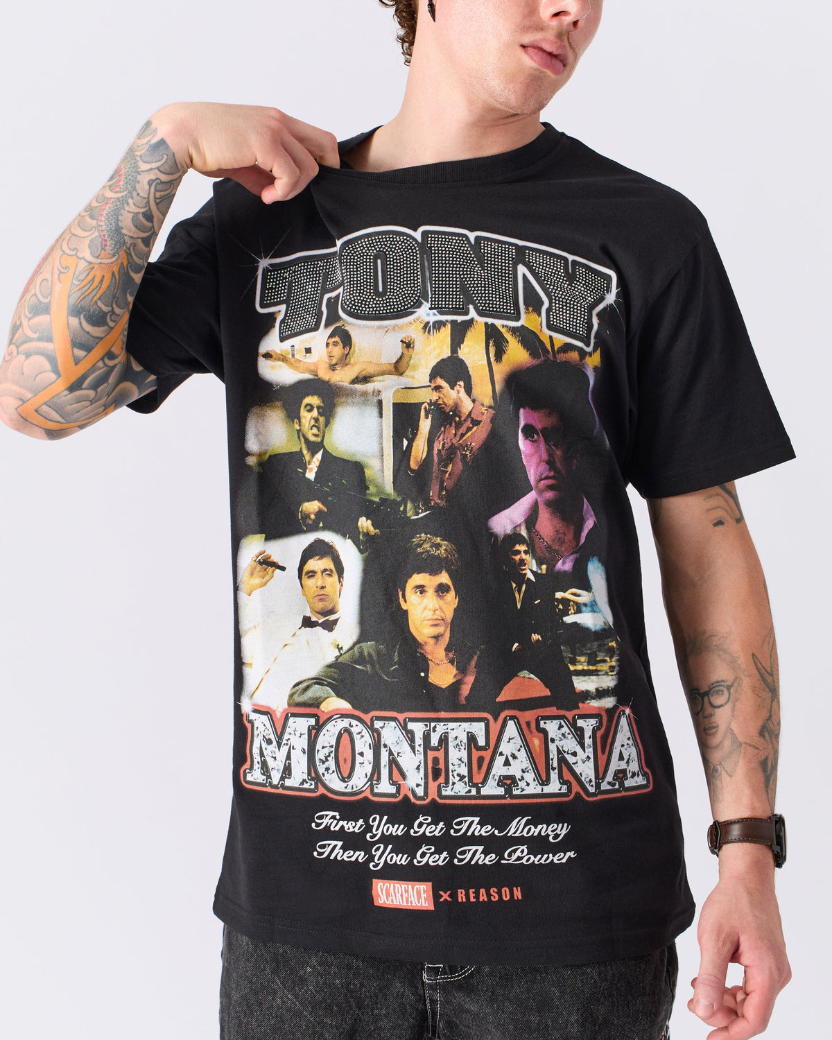 Reason Clothing Latest Scarface "Tony Montana" Rhinestone Tee - Black