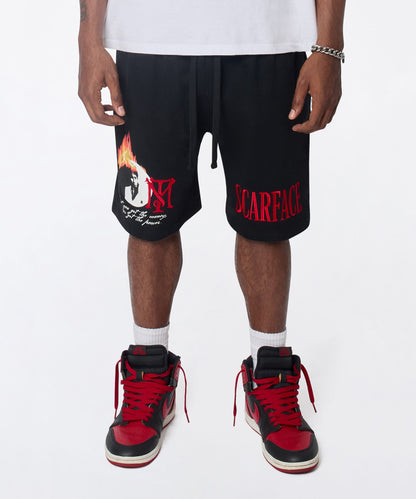 Reason Clothing Classic Scarface Get The Money Embroidered Fleece Short - Black