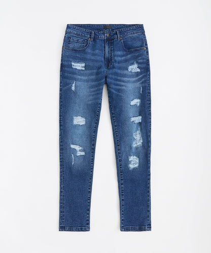 Reason Clothing Great Value Classic Distressed Skinny Jeans - Medium Blue