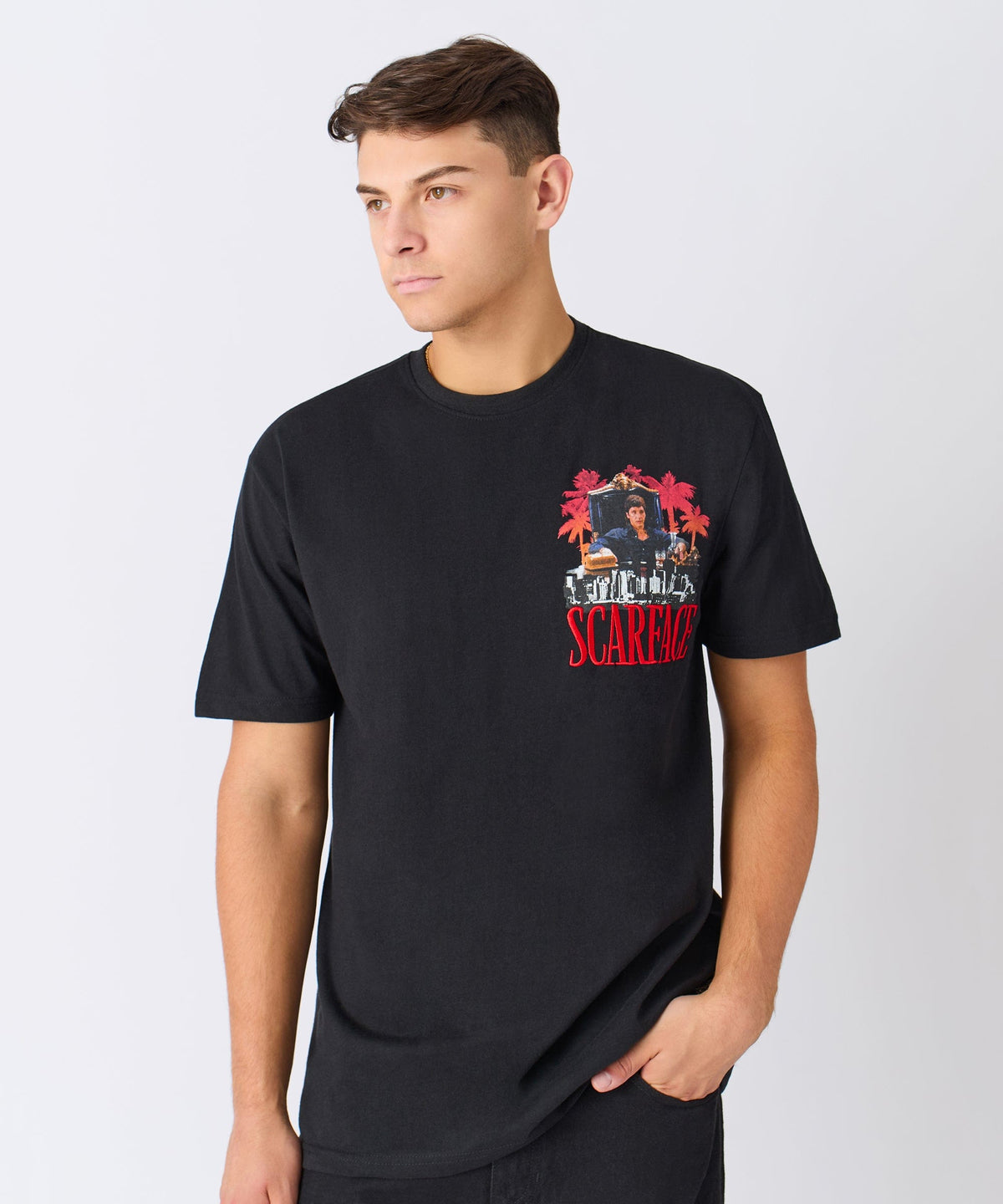 Reason Clothing Popular Scarface City Embroidered Short Sleeve Tee - Black