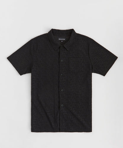 Reason Clothing Hot Sale Geometric Viscose Button-Down Short Sleeve Shirt - Black