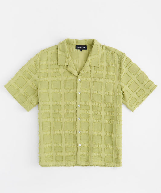 Reason Clothing Special Offer Textured Blocks Button Down Shirt - Olive Green