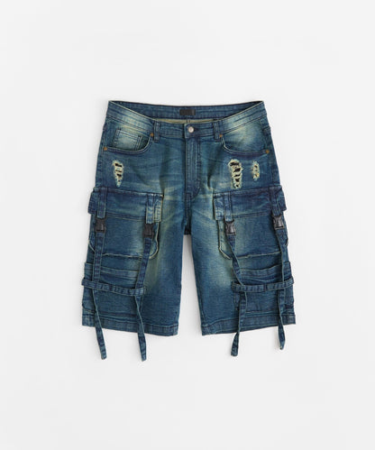 Reason Clothing Smart Buy Buckle Strap Denim Shorts - Dark Blue