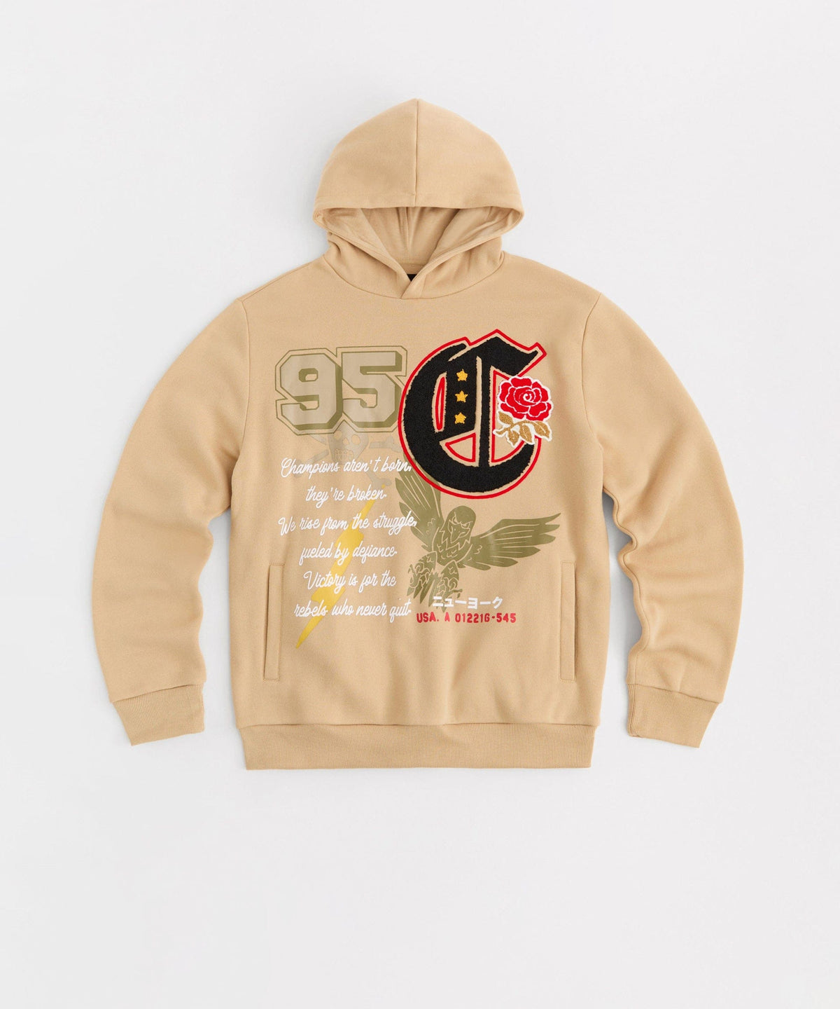 Reason Clothing Deals Champion Chenille Embroidered Long Sleeve Hoodie - Khaki