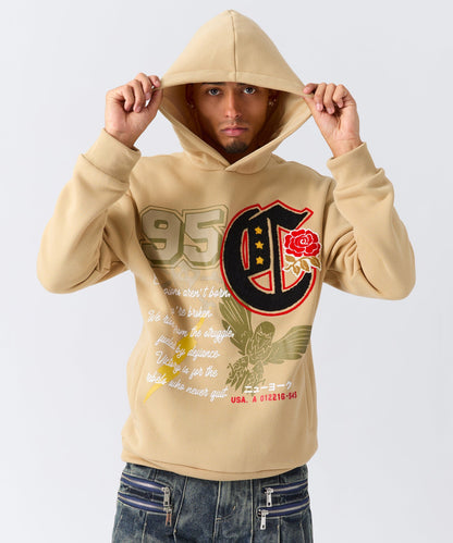 Reason Clothing Deals Champion Chenille Embroidered Long Sleeve Hoodie - Khaki