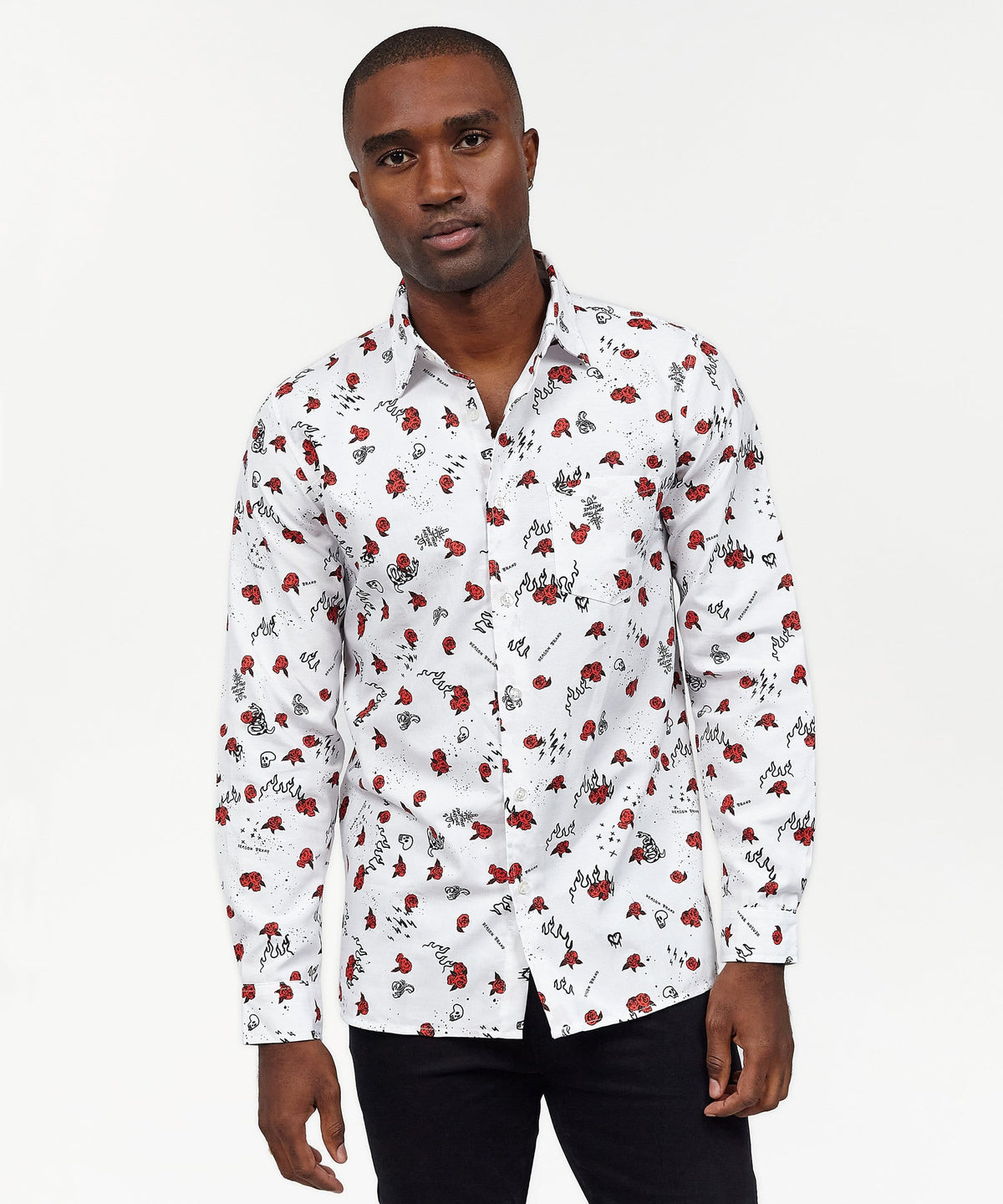 Reason Clothing Top Pick Skulls & Roses Long Sleeve Oxford Short