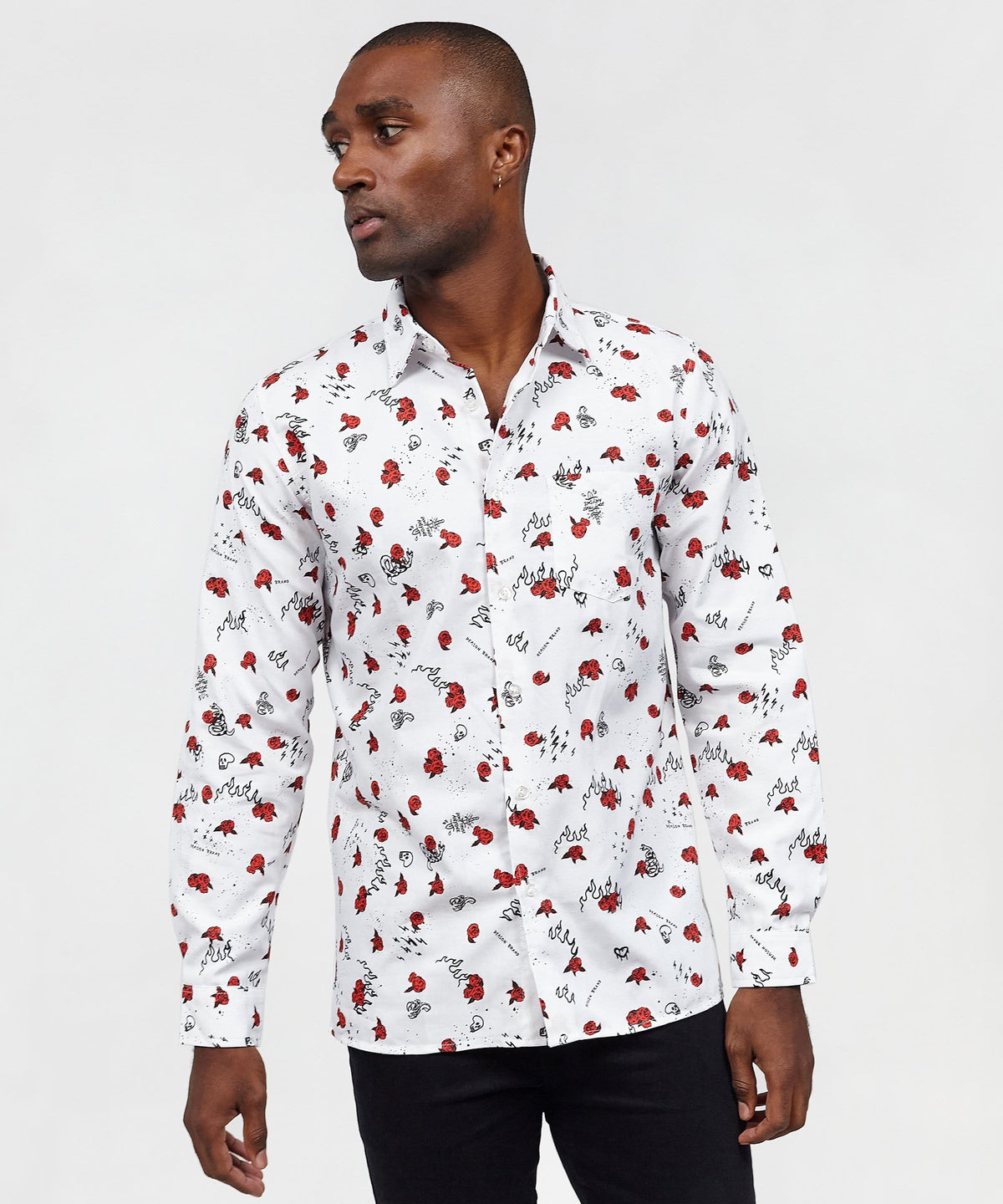 Reason Clothing Top Pick Skulls & Roses Long Sleeve Oxford Short