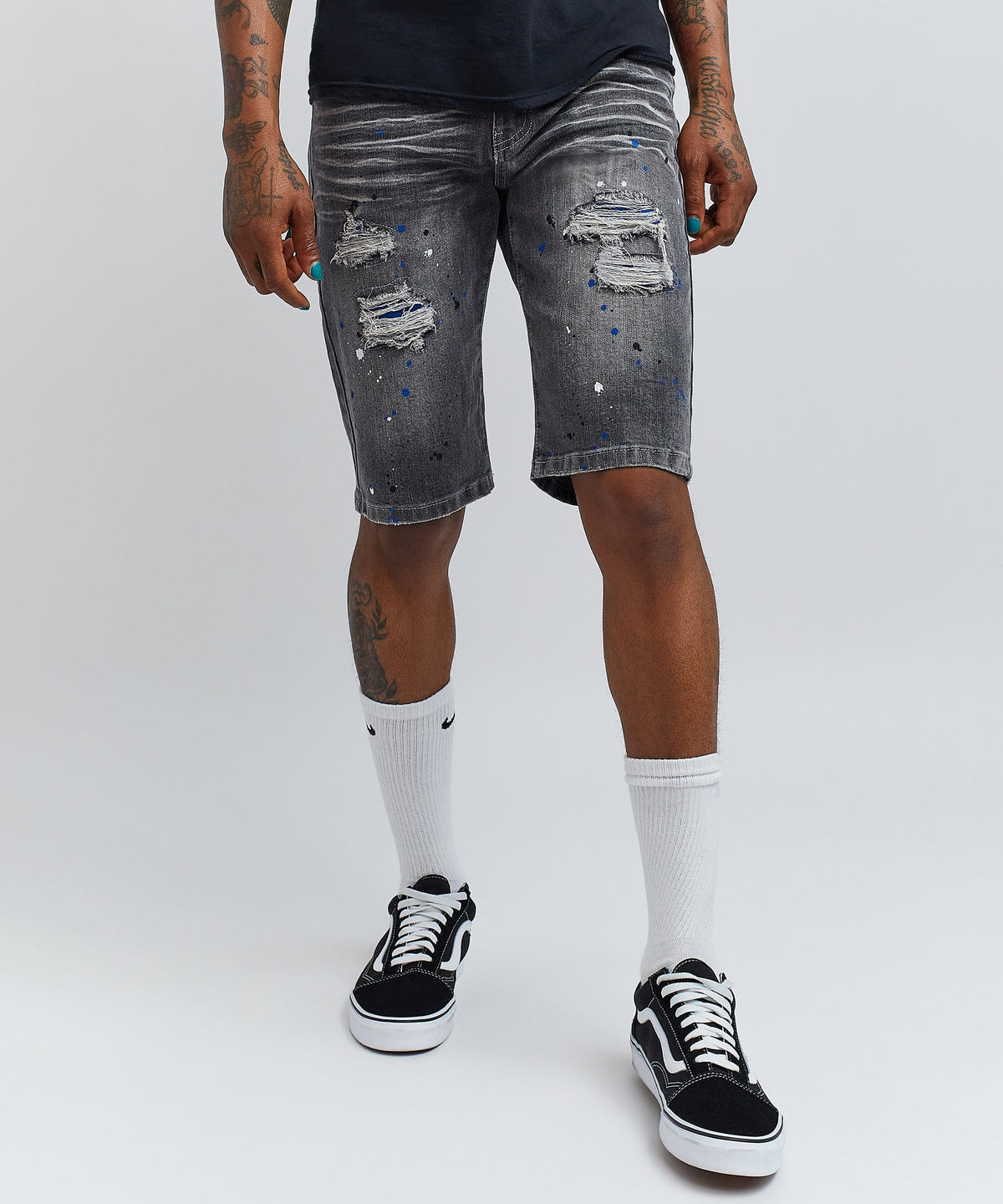Reason Clothing Signature Vincent Grey Paint Splatter Jean Shorts