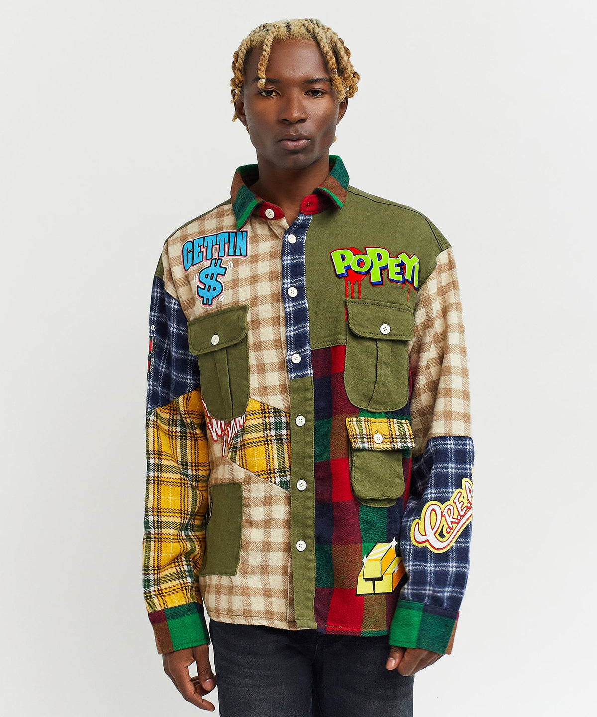 Reason Clothing Popular Popeye All We Trust Multi Pocket Checkered Flannel Shirt