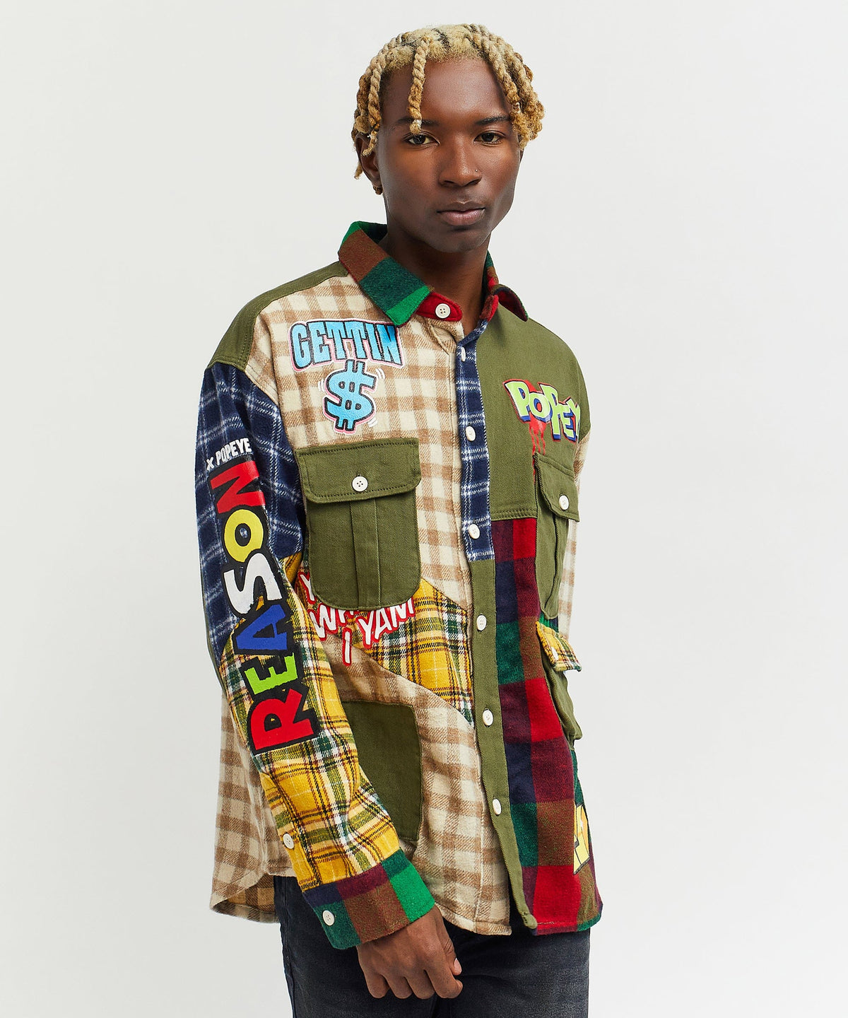 Reason Clothing Popular Popeye All We Trust Multi Pocket Checkered Flannel Shirt
