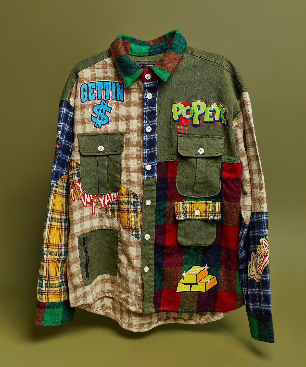 Reason Clothing Popular Popeye All We Trust Multi Pocket Checkered Flannel Shirt