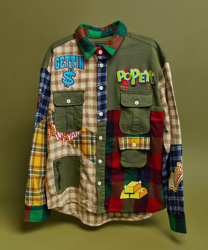 Reason Clothing Popular Popeye All We Trust Multi Pocket Checkered Flannel Shirt