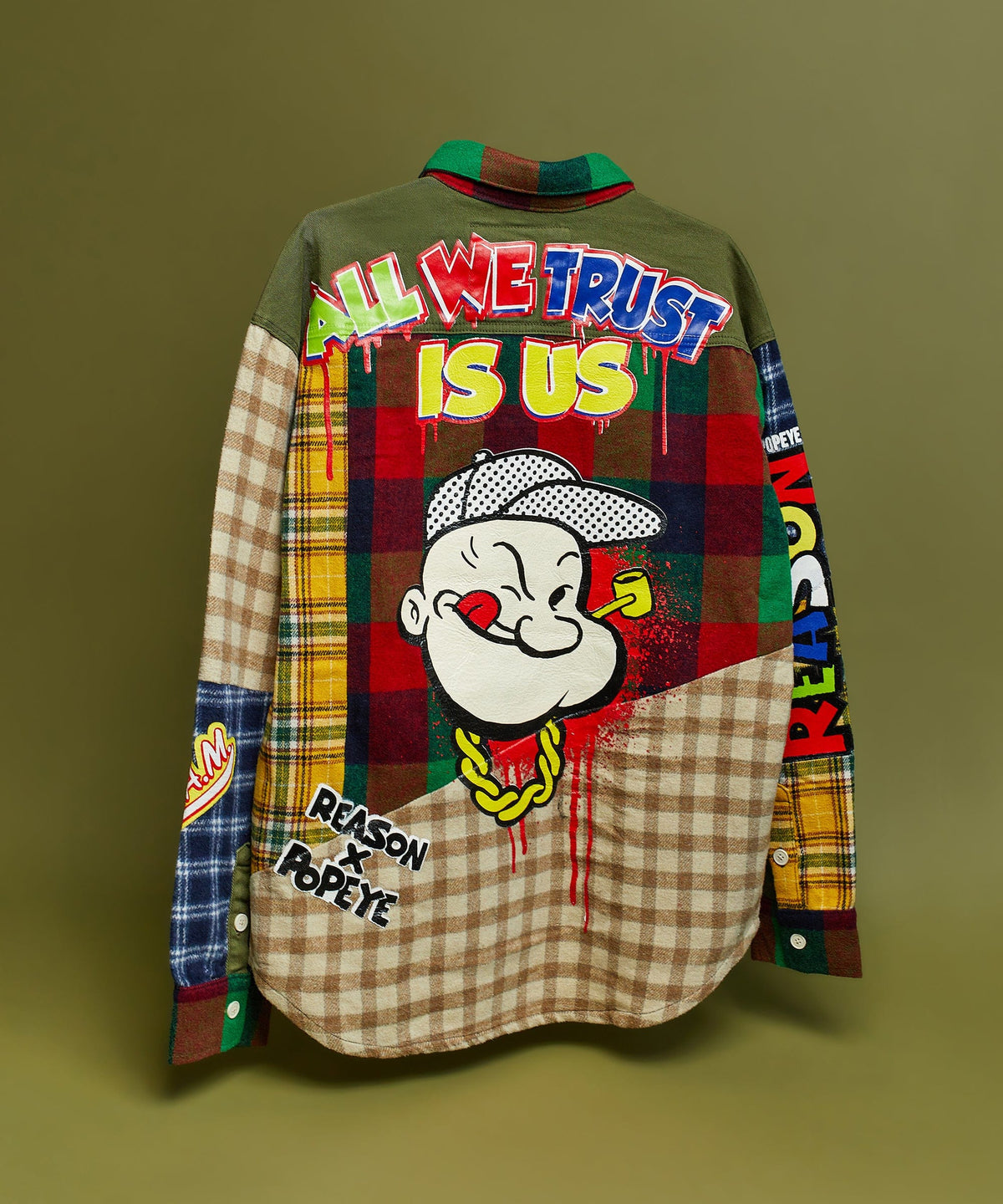 Reason Clothing Popular Popeye All We Trust Multi Pocket Checkered Flannel Shirt