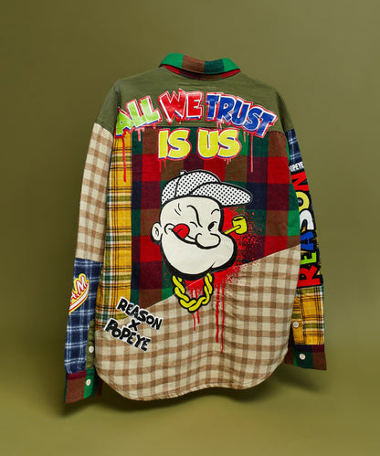 Reason Clothing Popular Popeye All We Trust Multi Pocket Checkered Flannel Shirt