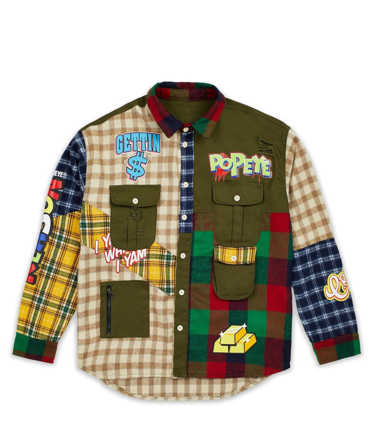 Reason Clothing Popular Popeye All We Trust Multi Pocket Checkered Flannel Shirt