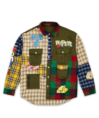 Reason Clothing Popular Popeye All We Trust Multi Pocket Checkered Flannel Shirt