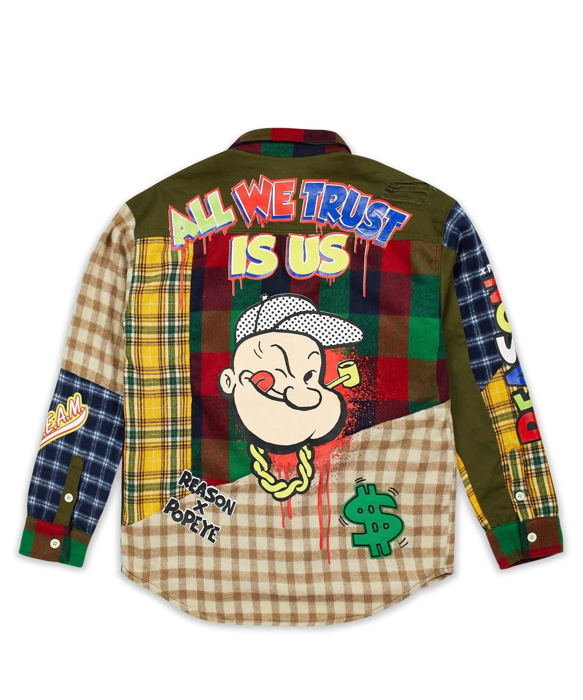 Reason Clothing Popular Popeye All We Trust Multi Pocket Checkered Flannel Shirt