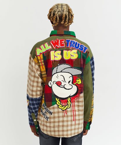Reason Clothing Popular Popeye All We Trust Multi Pocket Checkered Flannel Shirt