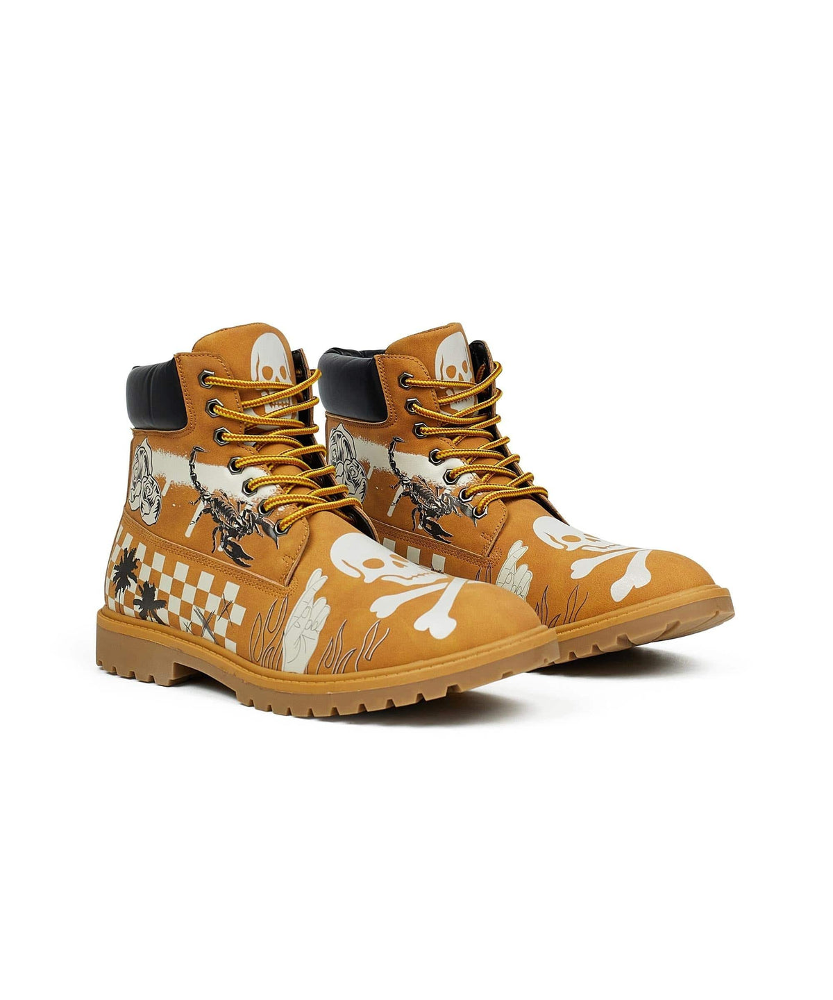 Reason Clothing Value Skull Checkered Print Faux Suede Graffiti Boots - Tan