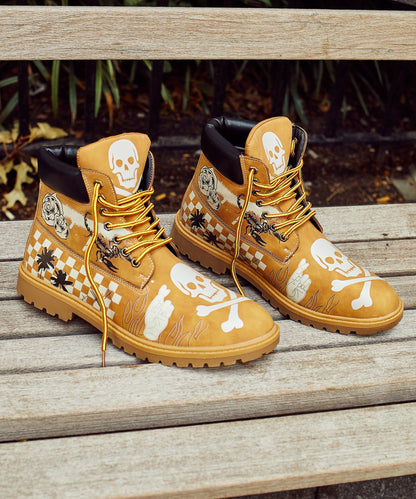 Reason Clothing Value Skull Checkered Print Faux Suede Graffiti Boots - Tan