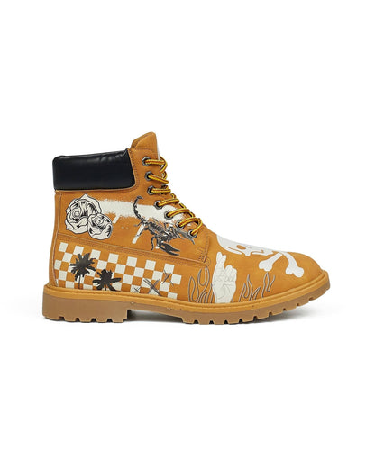Reason Clothing Value Skull Checkered Print Faux Suede Graffiti Boots - Tan