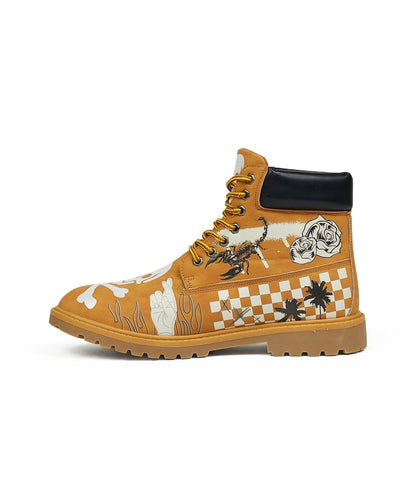 Reason Clothing Value Skull Checkered Print Faux Suede Graffiti Boots - Tan