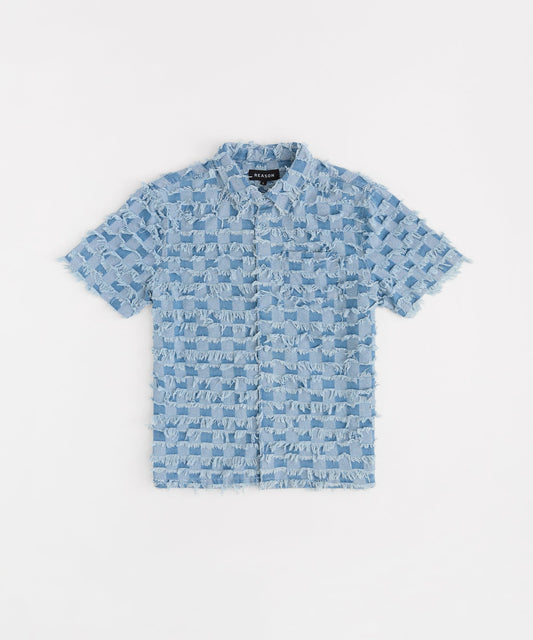 Reason Clothing Featured Textured Frayed Button Down Shirt - Blue