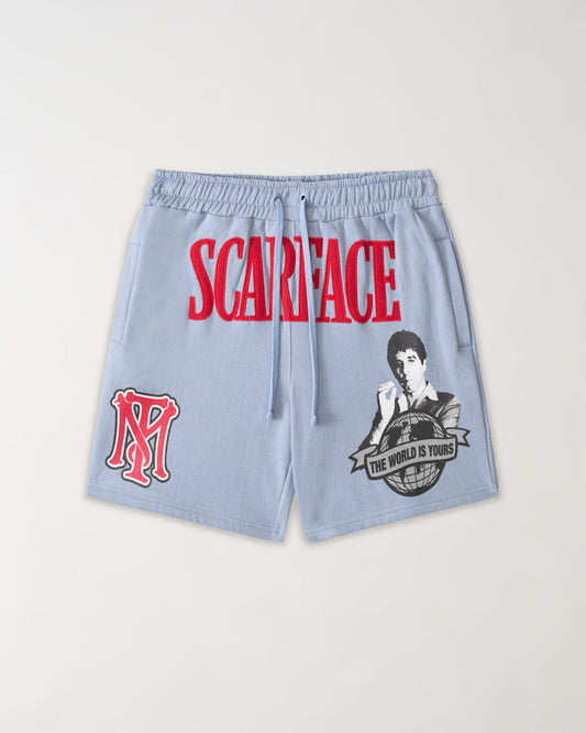 Reason Clothing Hot Sale Scarface Applique Fleece Short - Light Blue