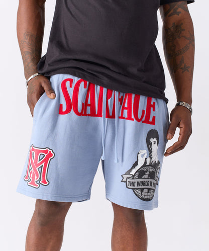 Reason Clothing Hot Sale Scarface Applique Fleece Short - Light Blue