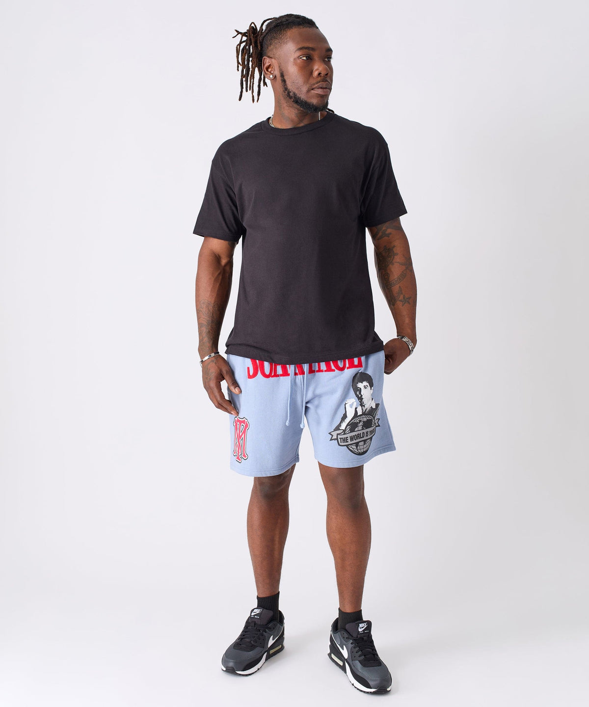 Reason Clothing Hot Sale Scarface Applique Fleece Short - Light Blue