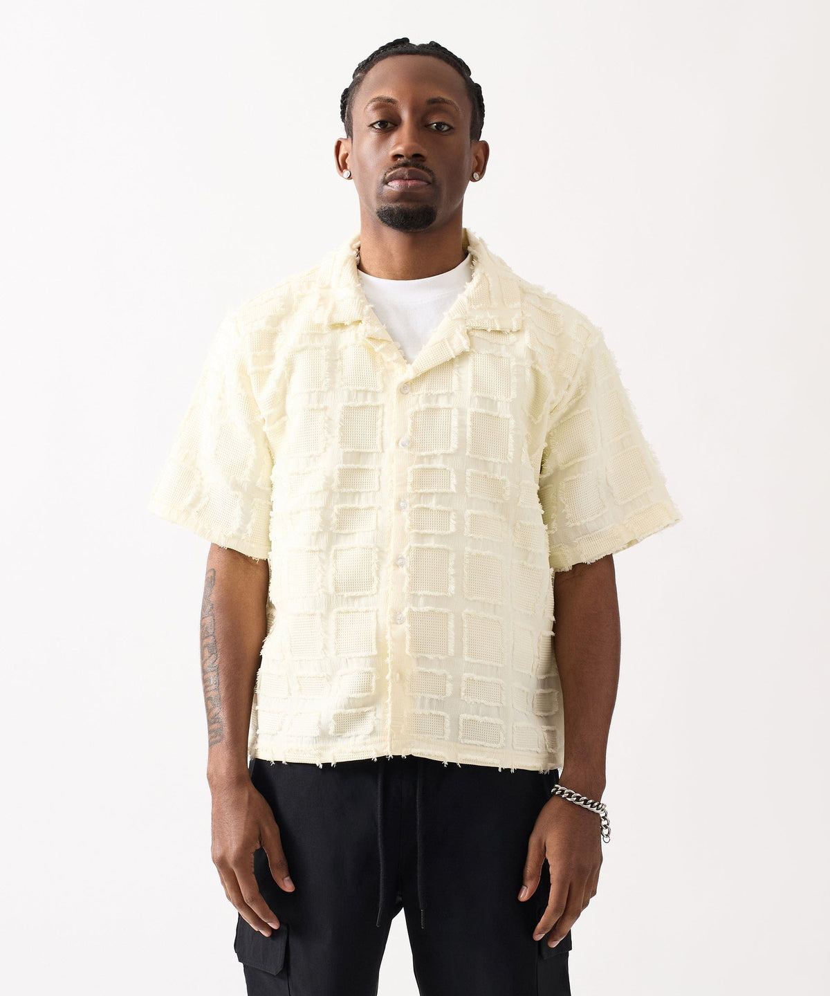 Reason Clothing Smart Buy Textured Blocked Button Down Shirt - Cream
