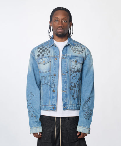 Reason Clothing Signature Stenciled Sinners Denim Jacket - Light Blue