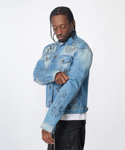 Reason Clothing Signature Stenciled Sinners Denim Jacket - Light Blue
