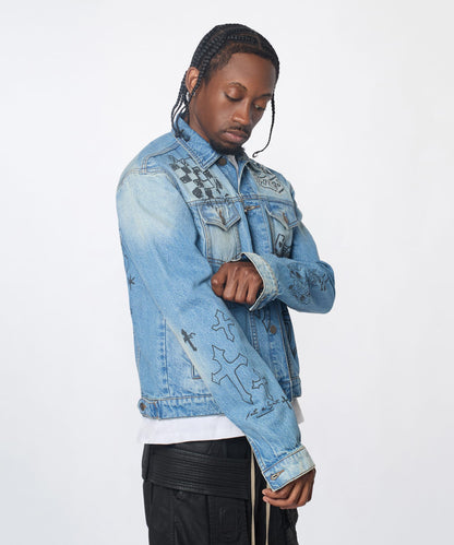 Reason Clothing Signature Stenciled Sinners Denim Jacket - Light Blue