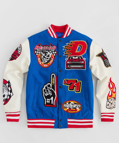 Reason Clothing Exclusive Dodge Demon Rebel Embroidered Varsity Jacket Pu - Blue